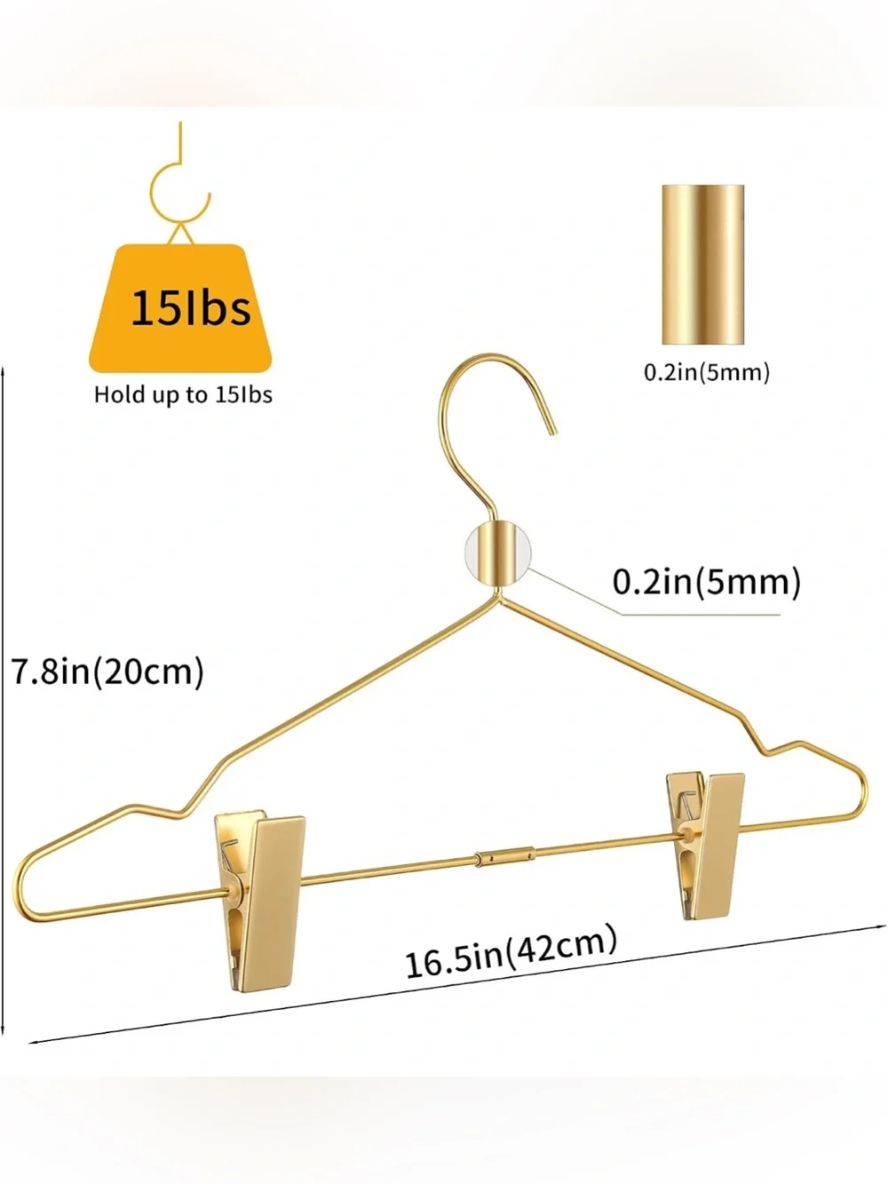 Gold Metal Wire Clothes Hangers, Heavy Duty, Adjustable Clips, Set of 15